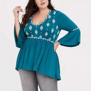 Torrid Green Embroidered Bell-Sleeve Tunic
